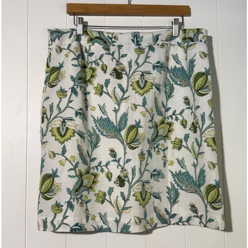 LOFT Ann Taylor Floral Linen Blend Skirt Size 14 White Blue Green - Picture 2 of 8